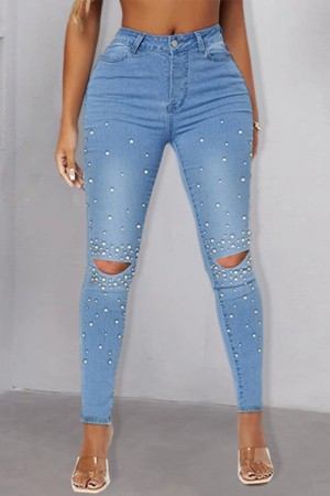 Medium Blue Casual Patchwork Ripped Beading High Waist Skinny Distressed Denim Jeans (Subject To The Actual Object)