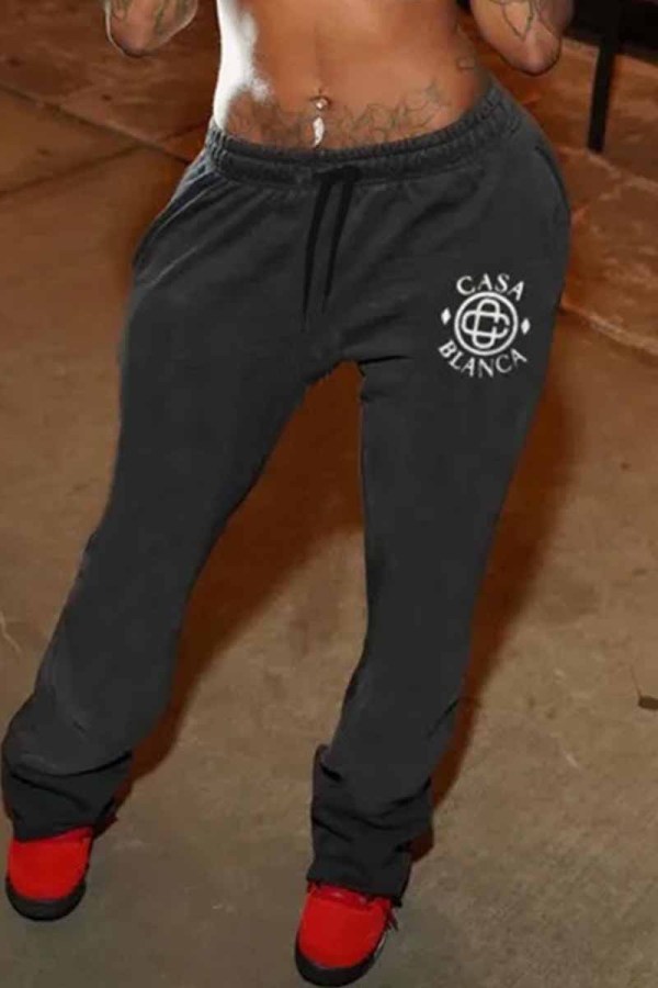 Schwarze, lässige Hose mit Buchstaben-Straßendruck und mittlerer Taille