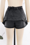 Black Street Solid Patchwork Buckle Zipper Mid Waist Loosen Up Denim Shorts