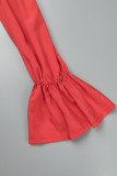 Vermelho casual sólido frênulo gola quadrada vestidos de manga comprida
