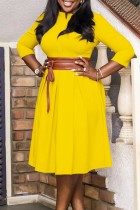 Yellow Casual Solid With Belt Mandarin Collar Long Sleeve Dresses