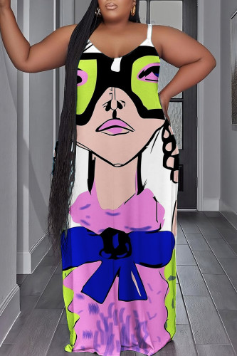 Pink Green Sexy Casual Print Backless Spaghetti Strap Long Dress Plus Size Dresses