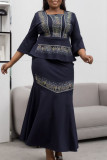 Navy Blue Elegant Solid Hot Drill Square Collar Plus Size Two Pieces