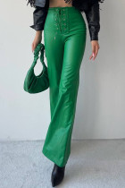 Grüne, legere, einfarbige, schmale Frenulum-Hose mit hoher Taille und herkömmlicher einfarbiger Hose