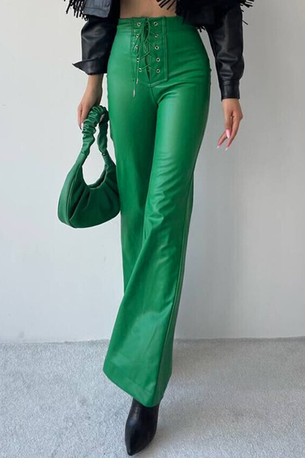 Pantalon décontracté vert uni Frenulum, slim, taille haute, conventionnel, couleur unie