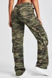 Army Green Casual Camouflage Print Patchwork Mid Waist Cargo Denim Jeans