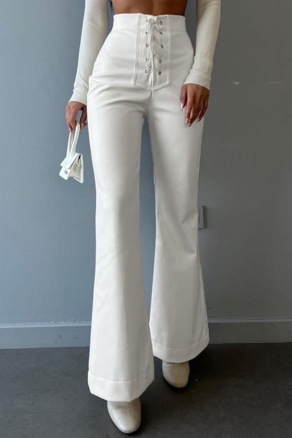 Calça branca casual sólida frênulo skinny cintura alta convencional cor sólida