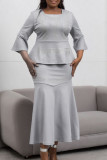 Grey Elegant Solid Hot Drill Square Collar Plus Size Two Pieces