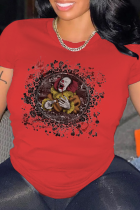 Camisetas con cuello en O de patchwork con estampado vintage diario rojo