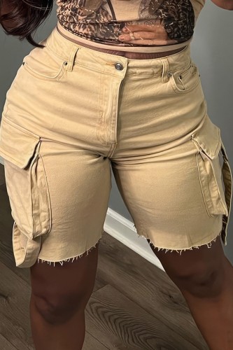 Skin Color Casual Solid Patchwork Skinny High Waist Conventional Solid Color Shorts
