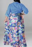 Azul Royal Casual Doce Estampa Patchwork Fivela Turndown Collar Manga Longa Vestidos Plus Size
