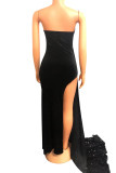 Black Sexy Solid Sequins Patchwork Backless Slit Strapless Long Dress Dresses