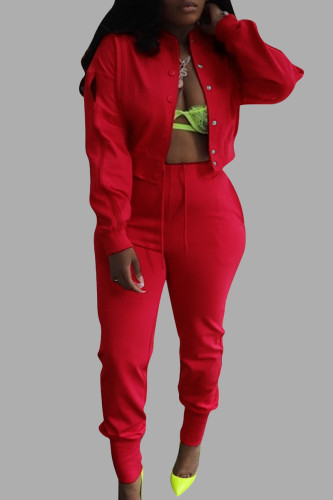 Red Sweet Street Solid Hollowed Out Patchwork Draw String Buckle Mandarin Collar Long Sleeve Two Pieces