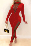 Red Sexy Street Solid Hollowed Out Patchwork Frenulum Buttons Turtleneck Skinny Jumpsuits