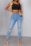 Jeans skinny in denim a vita alta con patchwork casual blu medio, strappati e perline (soggetto all'oggetto reale)