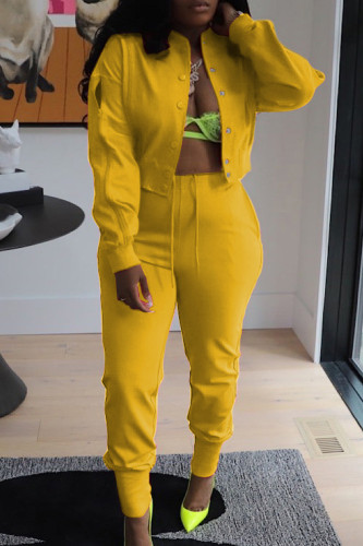 Yellow Sweet Street Solid Hollowed Out Patchwork Draw String Buckle Mandarin Collar Long Sleeve Two Pieces