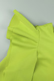 Robe de soirée verte élégante, couleur unie, patchwork, volants, col carré