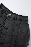 Pantalones cortos de mezclilla de talle medio con cremallera y hebilla de patchwork liso callejero negro