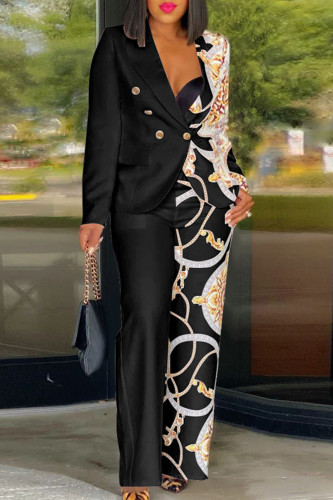 Black Sexy Street Print Patchwork Pocket Buttons Turn-back Collar Long Sleeve Two Pieces