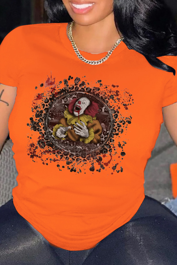Oranje dagelijkse vintage print patchwork T-shirts met ronde hals
