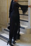 Prendas de abrigo cárdigan transparente de frenillo liso informal sexy negro negro