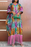 Пурпурные повседневные прямые платья с кисточками и V-образным вырезом с принтом