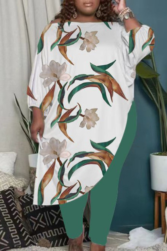 Green Plus Size Casual Print Patchwork Oblique Collar Plus Size Two Pieces