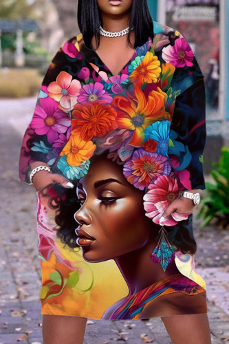 Colour Casual Print Patchwork V Neck Long Sleeve Dresses