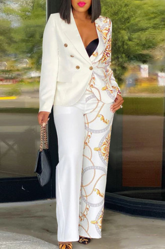 White Sexy Street Print Patchwork Pocket Buttons Turn-back Collar Long Sleeve Two Pieces