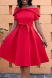 Vestido de manga corta con hombros descubiertos, informal, de retales lisos, color rojo rosa, con cinturón, vestidos