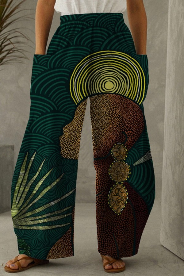 Donkergroene mode-casual print patchwork zak, normale broek met hoge taille