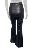 Pantalon décontracté noir Frenulum uni, slim, taille haute, conventionnel, couleur unie