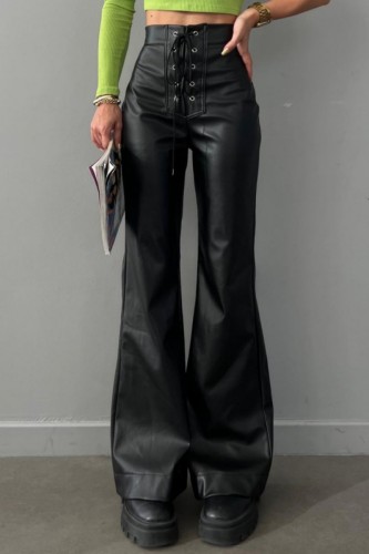 Schwarze, lässige, einfarbige, schmale Frenulum-Hose mit hoher Taille und herkömmlicher einfarbiger Hose