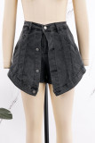Black Street Solid Patchwork Fivela Zipper Mid Cintura Shorts Jeans