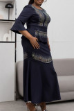 Navy Blue Elegant Solid Hot Drill Square Collar Plus Size Two Pieces