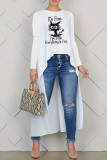 White Red Casual Print Asymmetrical O Neck Tops