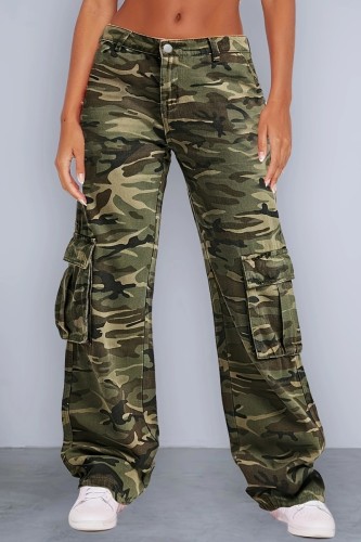 Army Green Casual Camouflage Print Patchwork Mid Waist Cargo Denim Jeans