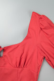 Röda Casual Solid Frenulum fyrkantig krage långärmade klänningar