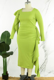 Grünes, elegantes, solides Patchwork-Volant-Abendkleid mit quadratischem Kragen