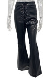 Black Casual Solid Frenulum Skinny High Waist Conventional Solid Color Trousers