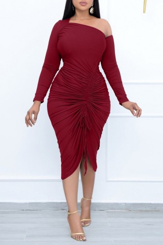 Burgundy Casual Solid Draw String Frenulum Backless Oblique Collar Long Sleeve Dresses