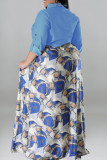 Koningsblauw Casual zoete print Patchwork Gesp Kraag Lange mouwen Grote maten jurken