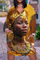 Goldfarbenes, lässiges Patchwork-Kleid mit V-Ausschnitt und langen Ärmeln