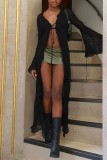 Schwarze, sexy, lässige, durchsichtige Cardigan-Oberbekleidung mit festem Frenulum