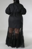 Robe longue noire décontractée en patchwork uni avec col de chemise, robes de grande taille