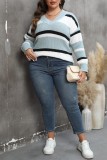 Dark Coffee Casual Striped Patchwork V Neck Plus Size Tops