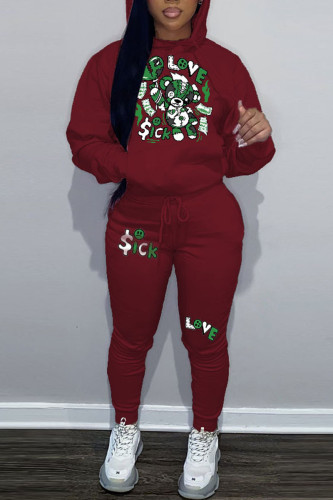 Burgundy Casual Graphics Print Long Sleeve Hooded Collar Sweatshirt And Pants Sportwear Plus Size Two Piece Jogger Set