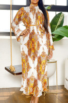 Gele casual elegante print patchwork vouw met riem halve col rechte jurken