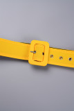 Vestidos de una línea con estampado de cinturón y cremallera con cuello redondo y rayas geométricas a cuadros elegantes amarillos
