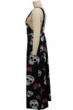 Black Casual Skull Head Print Backless Square Collar Regular Jumpsuits (Without Vest)
